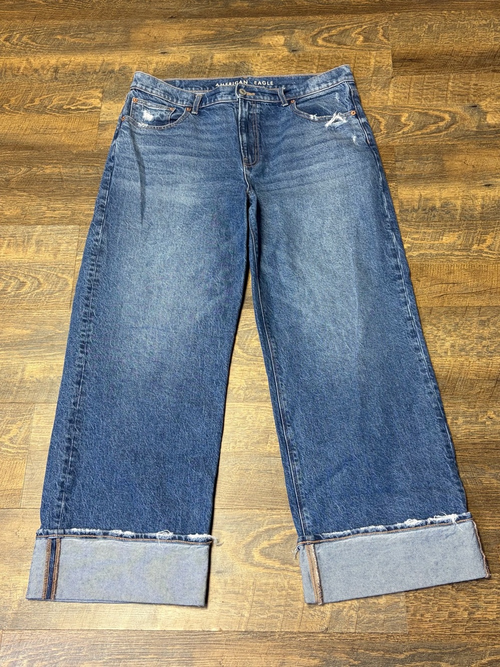 American Eagle Stovepipe Cuffed Jeans Womens 14 Stretch Baggy Denim Blue